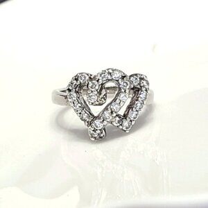 Vintage Sterling Silver Crystal Double Heart Ring 6.25